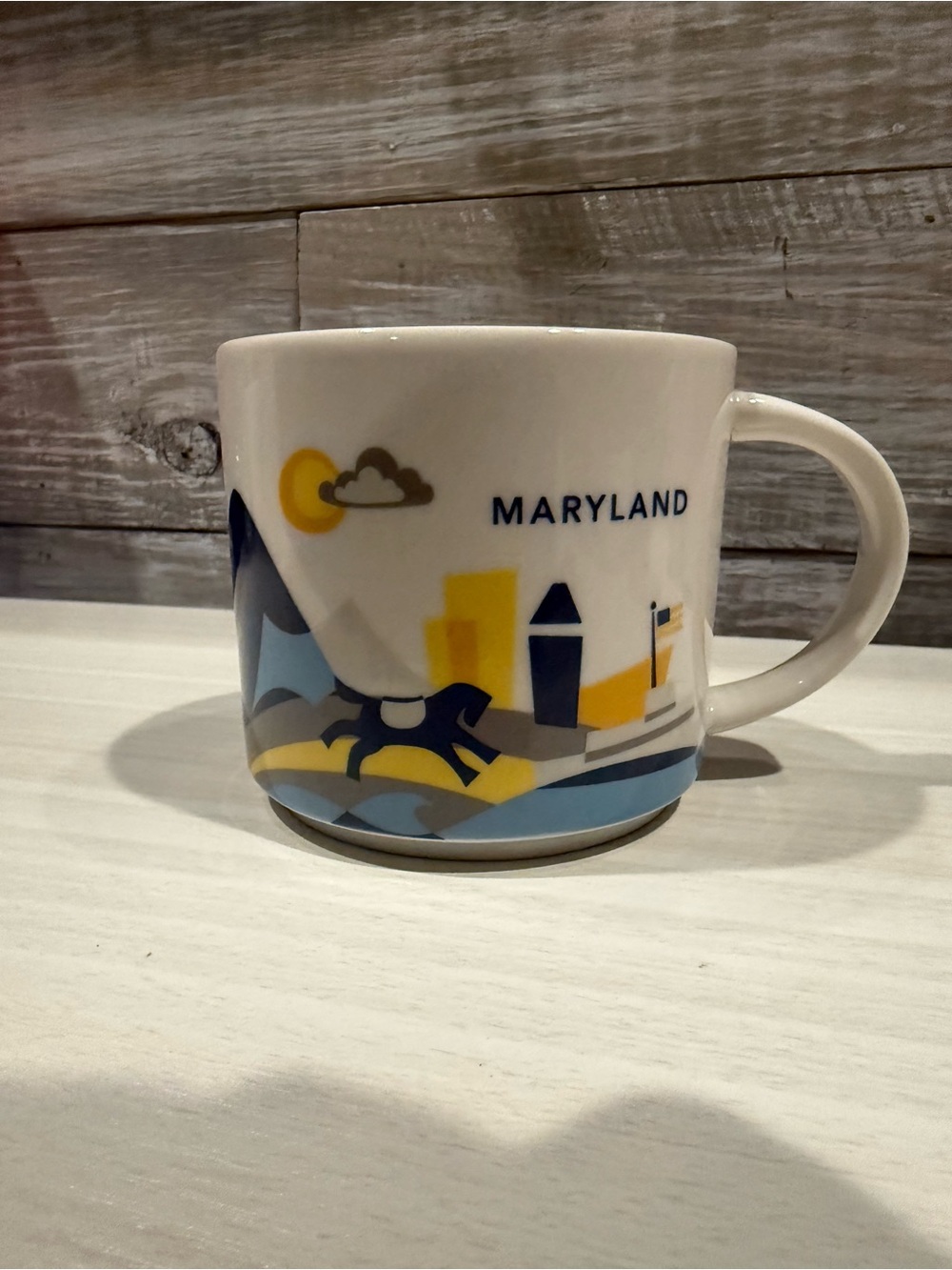 Starbucks Maryland You are here White Mug with Blue and Yellow Skyline Design